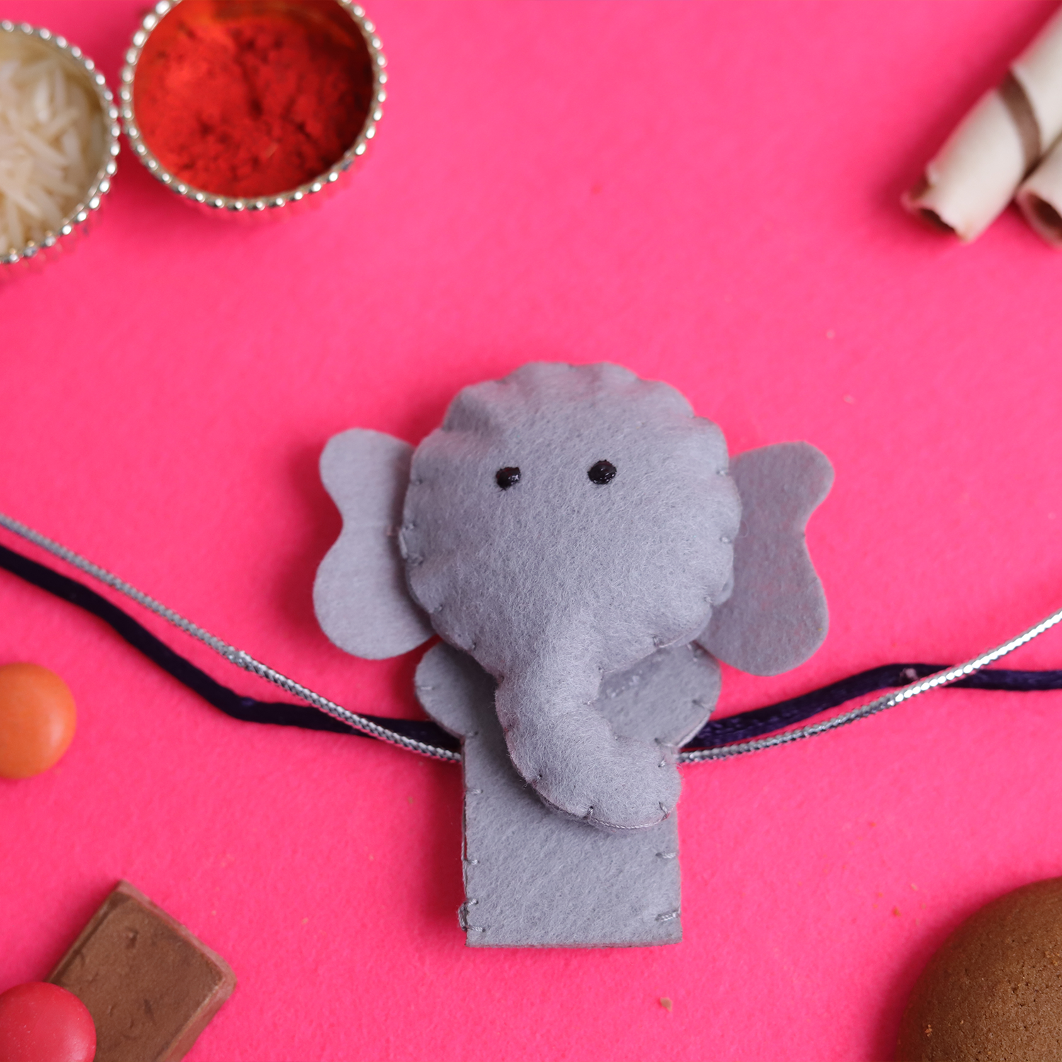 Cute Elephant Felt Kids Rakhi with Roli Chawal Set
