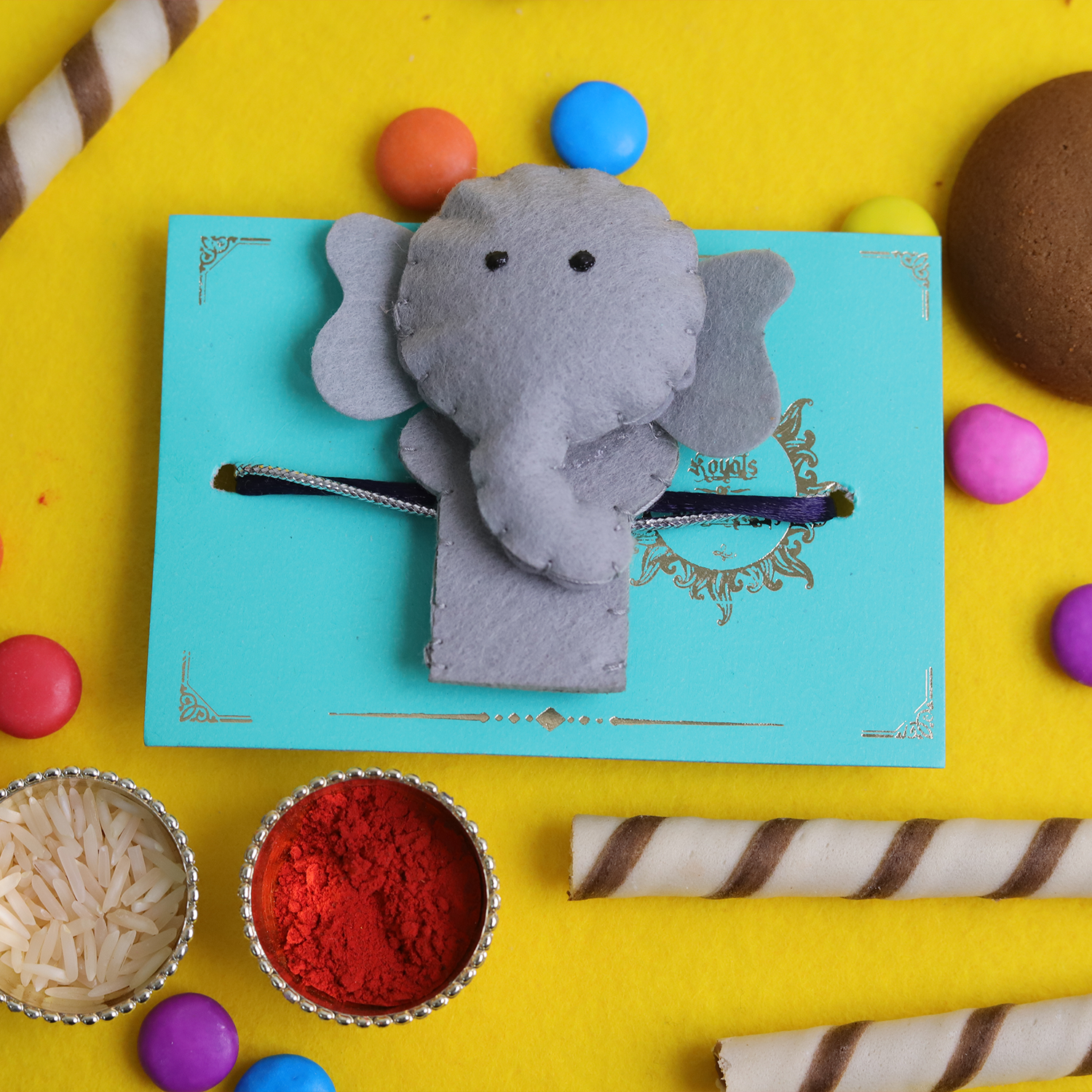 Cute Elephant Felt Kids Rakhi with Roli Chawal Set