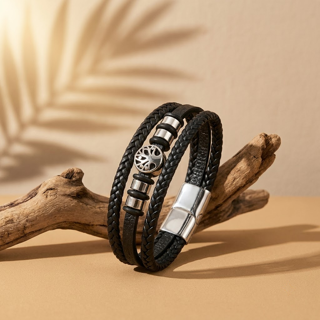 American Style Genuine Leather Multi-Layer Braided Bracelet with Stainless Steel Magnetic Buckle for Men & Boys