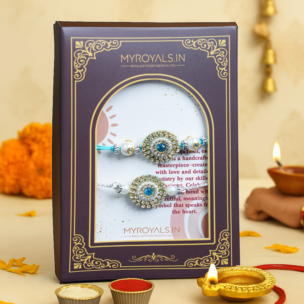 Designer Bhaiya Bhabhi Rakhi Set – Elegant Blue Stone & Pearl Raksha Bandhan Gift