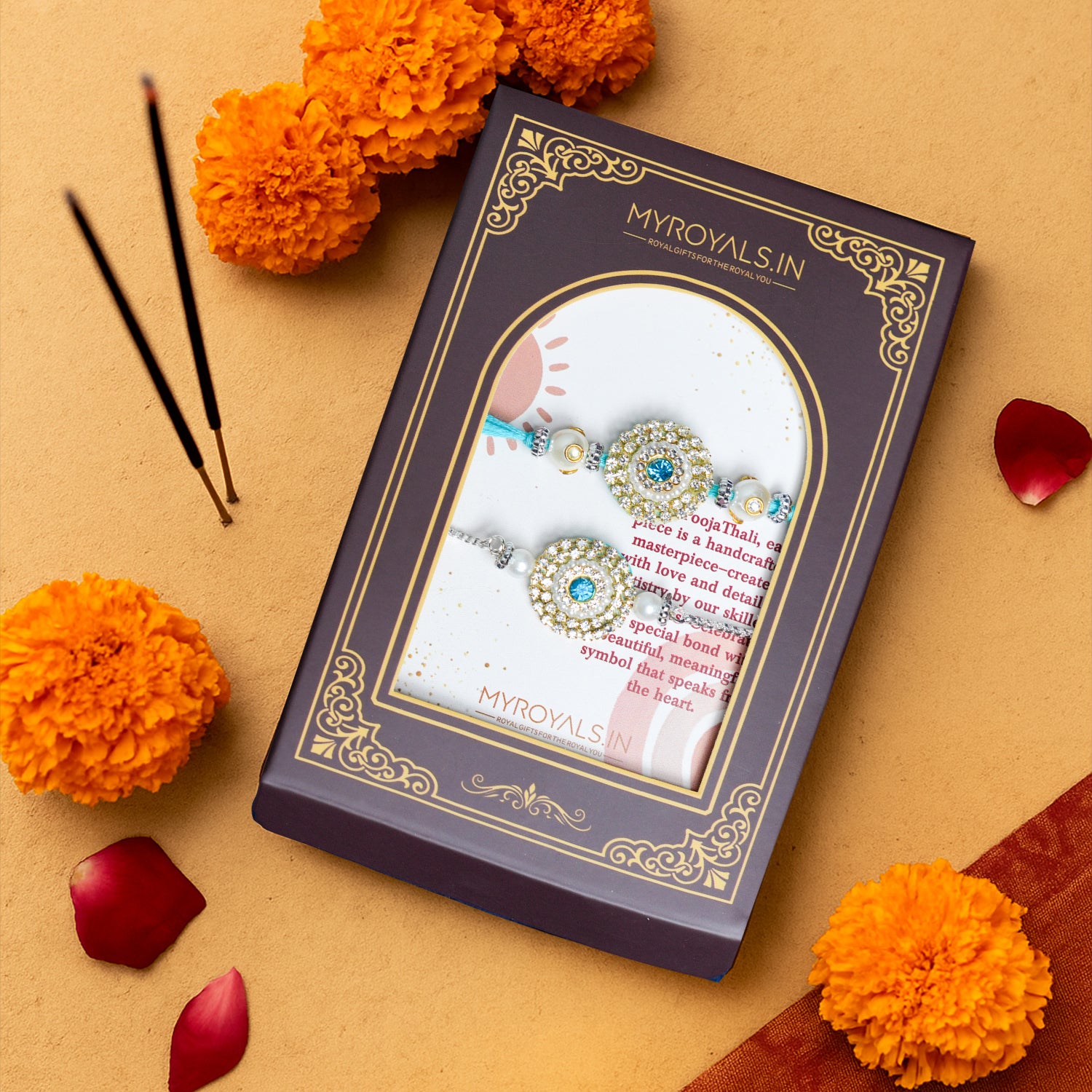 Designer Bhaiya Bhabhi Rakhi Set – Elegant Blue Stone & Pearl Raksha Bandhan Gift