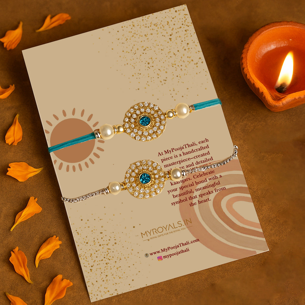 Designer Bhaiya Bhabhi Rakhi Set – Elegant Blue Stone & Pearl Raksha Bandhan Gift