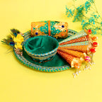 Handcrafted Royal Green Mehendi Thali Set – Artisanal Floral Platter for Wedding Rituals & Gifting