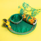 Handcrafted Royal Green Mehendi Thali Set – Artisanal Floral Platter for Wedding Rituals & Gifting