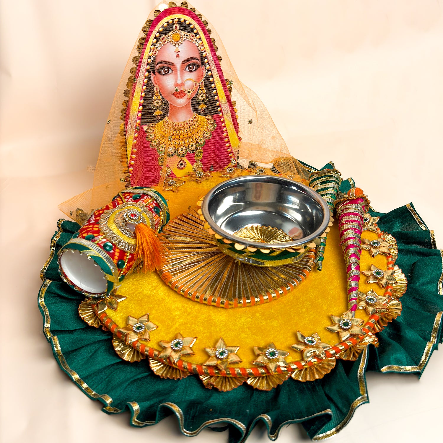 Handcrafted Royal Mehndi Thali Set – Artisanal Floral Platter with Mehndi Cones for Wedding Rituals & Gifting