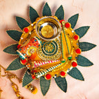 Handcrafted Royal Mehndi Thali Set – Emerald Green & Gold Artisanal Platter for Wedding Rituals