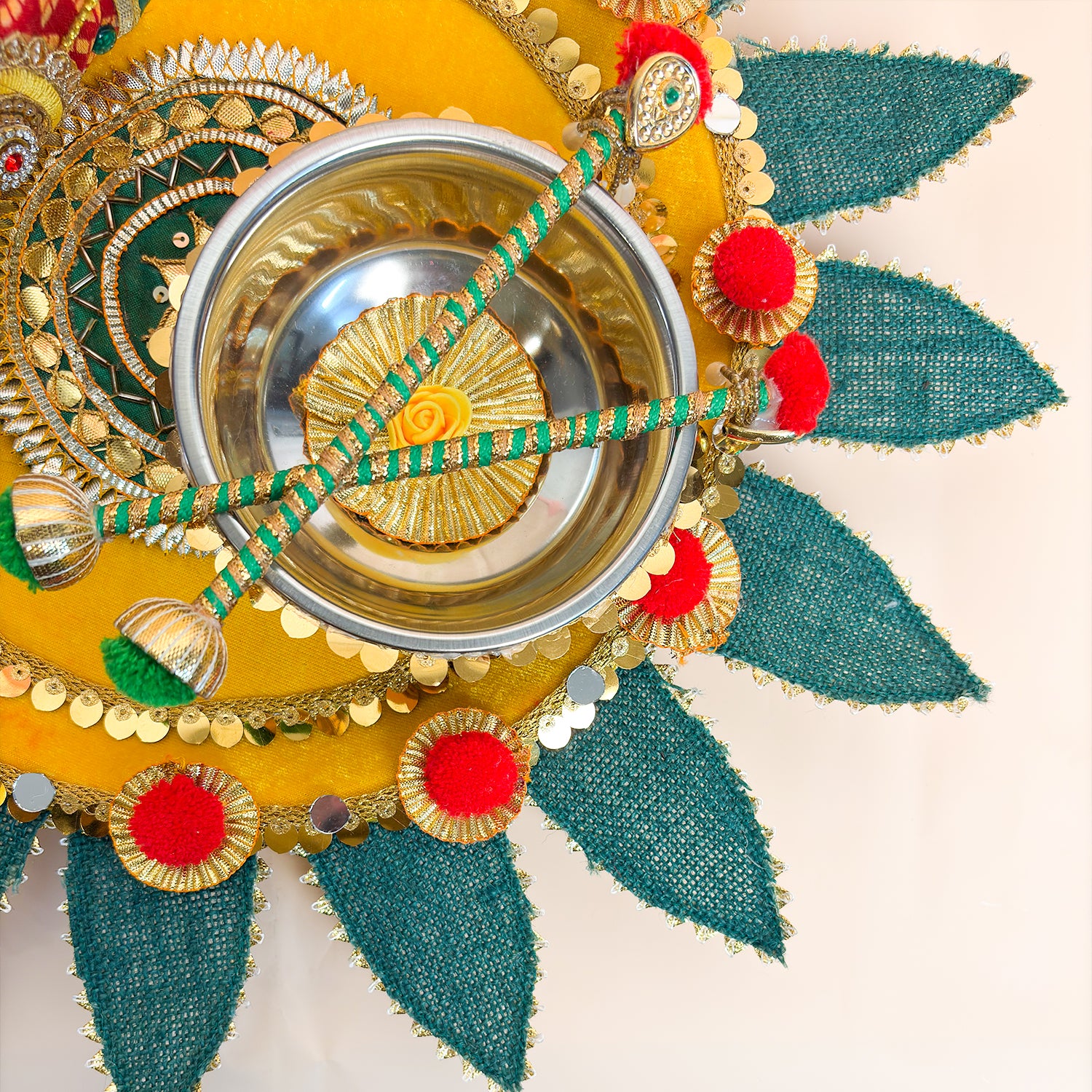 Handcrafted Royal Mehndi Thali Set – Emerald Green & Gold Artisanal Platter for Wedding Rituals