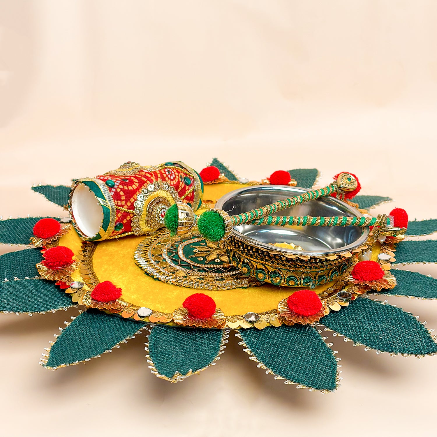 Handcrafted Royal Mehndi Thali Set – Emerald Green & Gold Artisanal Platter for Wedding Rituals