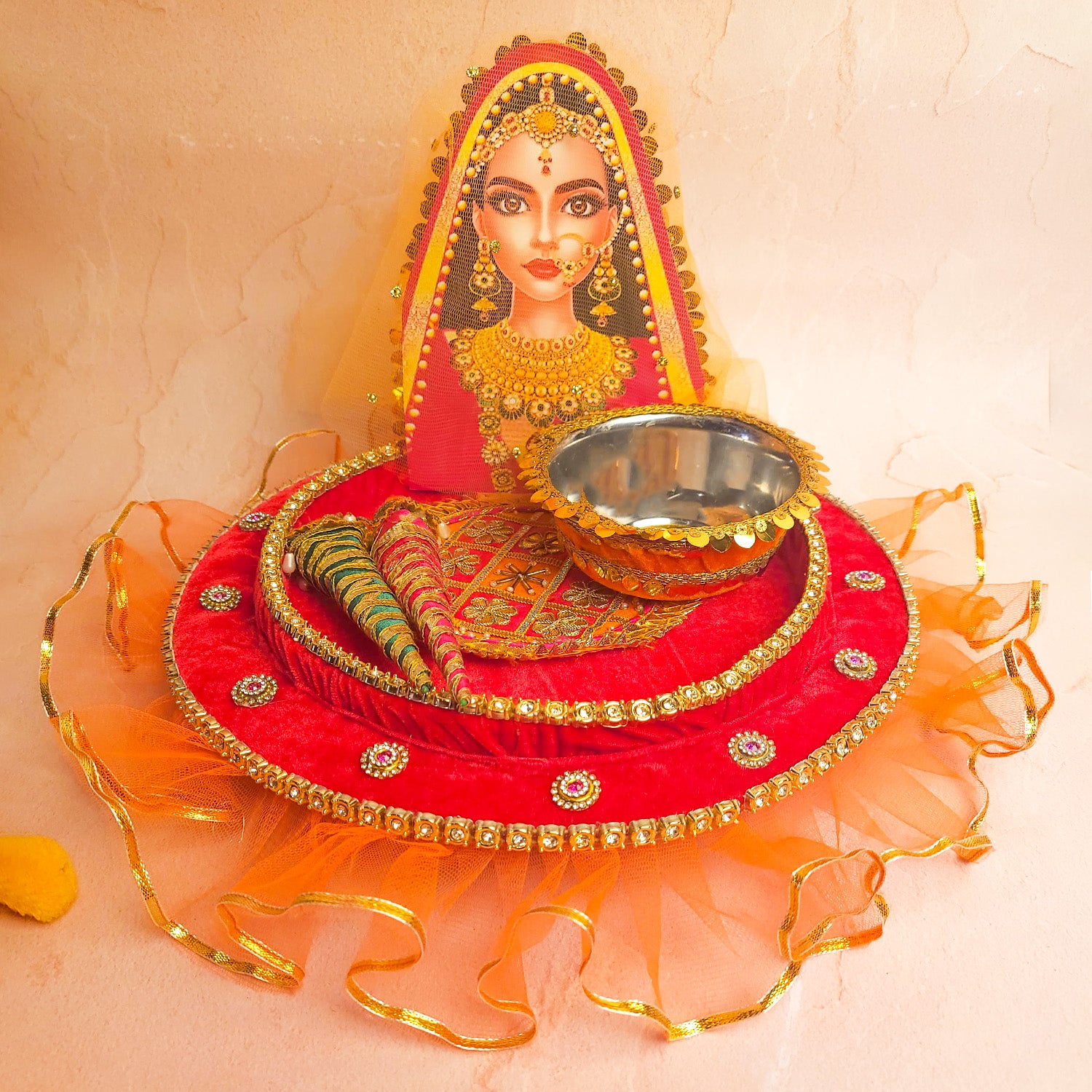 Handcrafted Royal Mehndi Thali Set – Artisanal Bridal Henna Platter for Wedding Rituals & Shagun Gifting