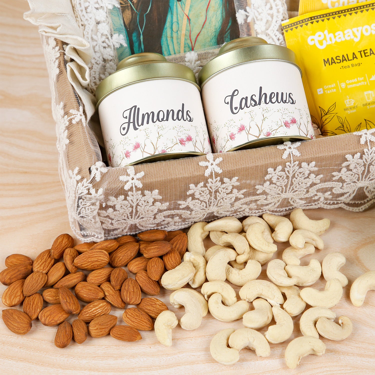 Personalized Mother’s Day Gourmet Gift Hamper – Lace-Trimmed Photo Frame, Premium Dry Fruits, Cadbury Temptations & Masala Tea Set in a Decorative Basket