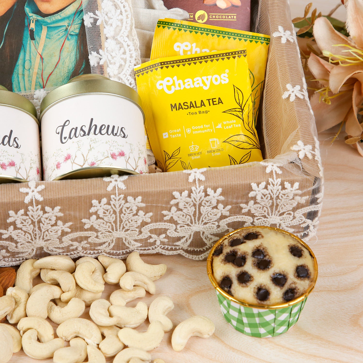 Personalized Mother’s Day Gourmet Gift Hamper – Lace-Trimmed Photo Frame, Premium Dry Fruits, Cadbury Temptations & Masala Tea Set in a Decorative Basket