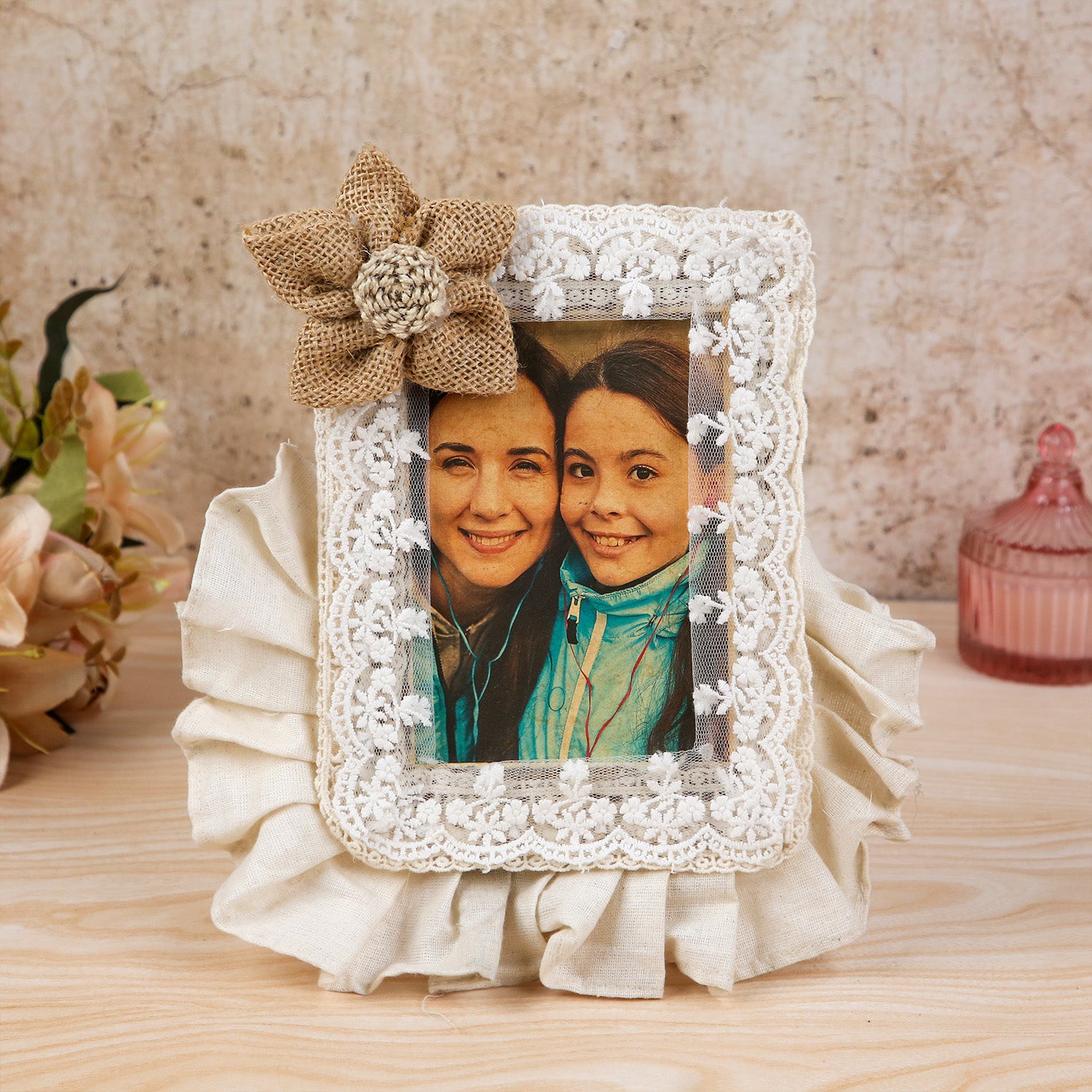 Personalized Mother’s Day Gourmet Gift Hamper – Lace-Trimmed Photo Frame, Premium Dry Fruits, Cadbury Temptations & Masala Tea Set in a Decorative Basket