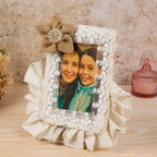 Personalized Mother’s Day Gourmet Gift Hamper – Lace-Trimmed Photo Frame, Premium Dry Fruits, Cadbury Temptations & Masala Tea Set in a Decorative Basket