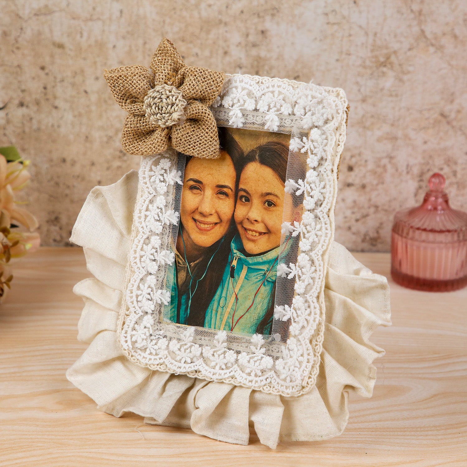 Personalized Mother’s Day Gourmet Gift Hamper – Lace-Trimmed Photo Frame, Premium Dry Fruits, Cadbury Temptations & Masala Tea Set in a Decorative Basket