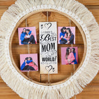 Personalized Macramé Loop Wall Hanging – "Best Mom in the World" Photo Frame with Burlap Flowers and Beaded Tassels