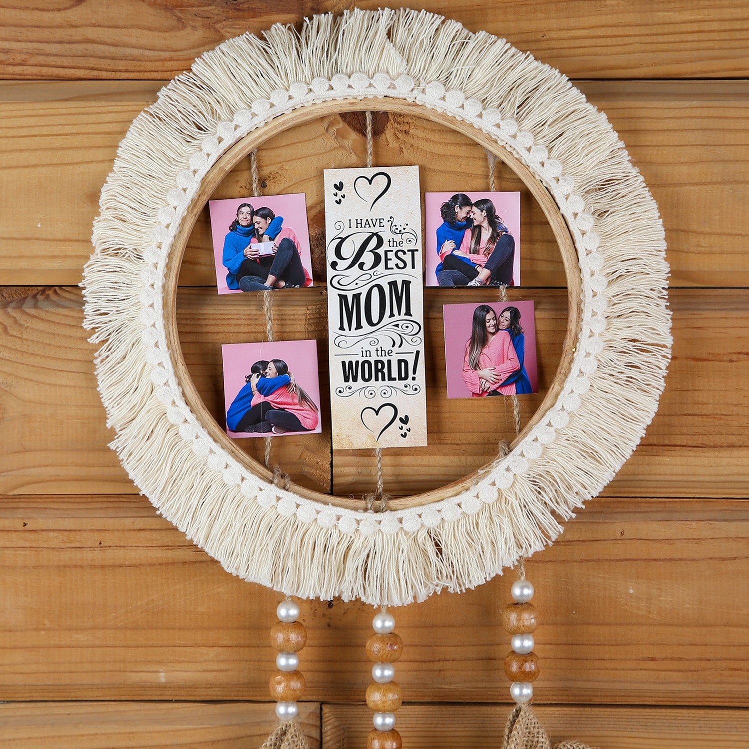 Personalized Macramé Loop Wall Hanging – "Best Mom in the World" Photo Frame with Burlap Flowers and Beaded Tassels