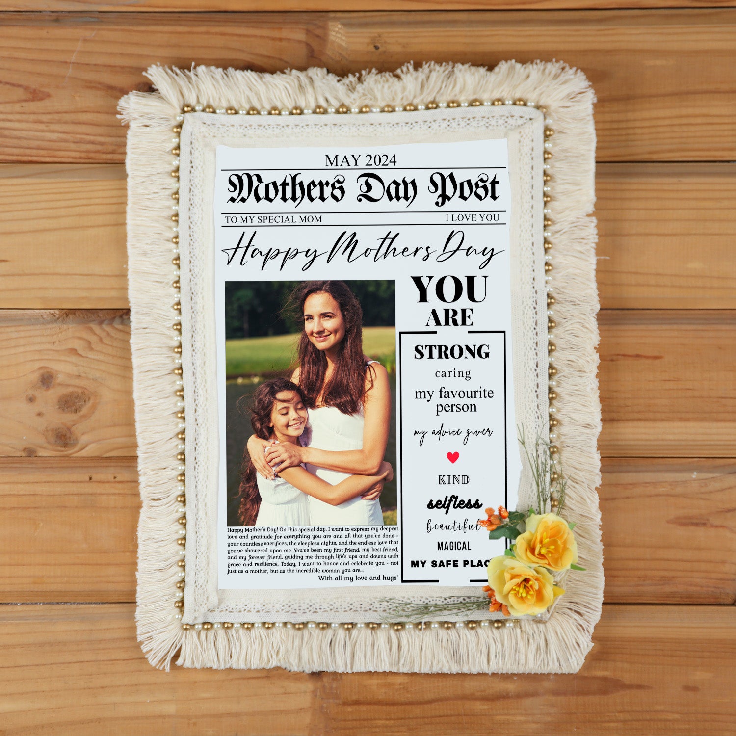 Personalized "Mother’s Day Post" Newspaper Frame – Rectangular Macramé Wall Art with Custom Photo and Heartfelt Message