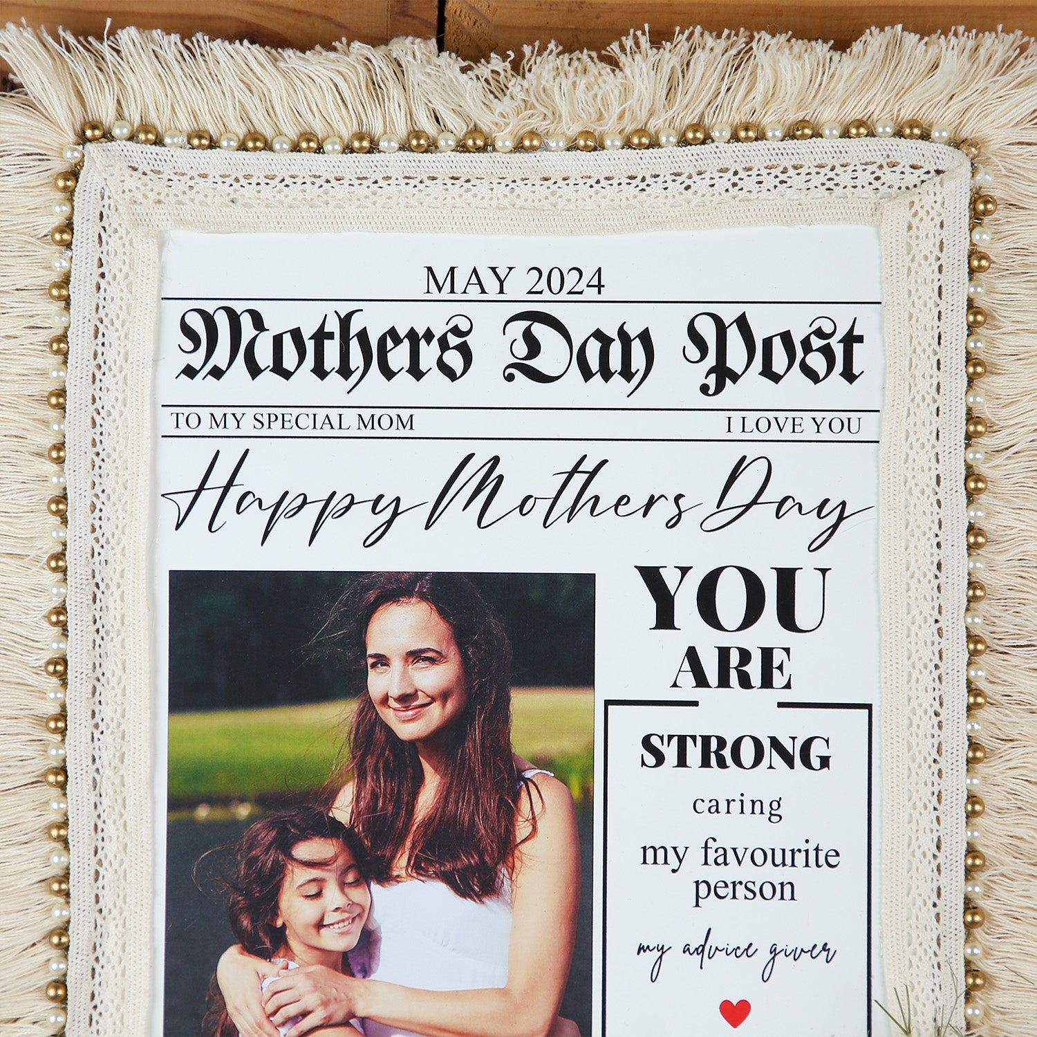 Personalized "Mother’s Day Post" Newspaper Frame – Rectangular Macramé Wall Art with Custom Photo and Heartfelt Message