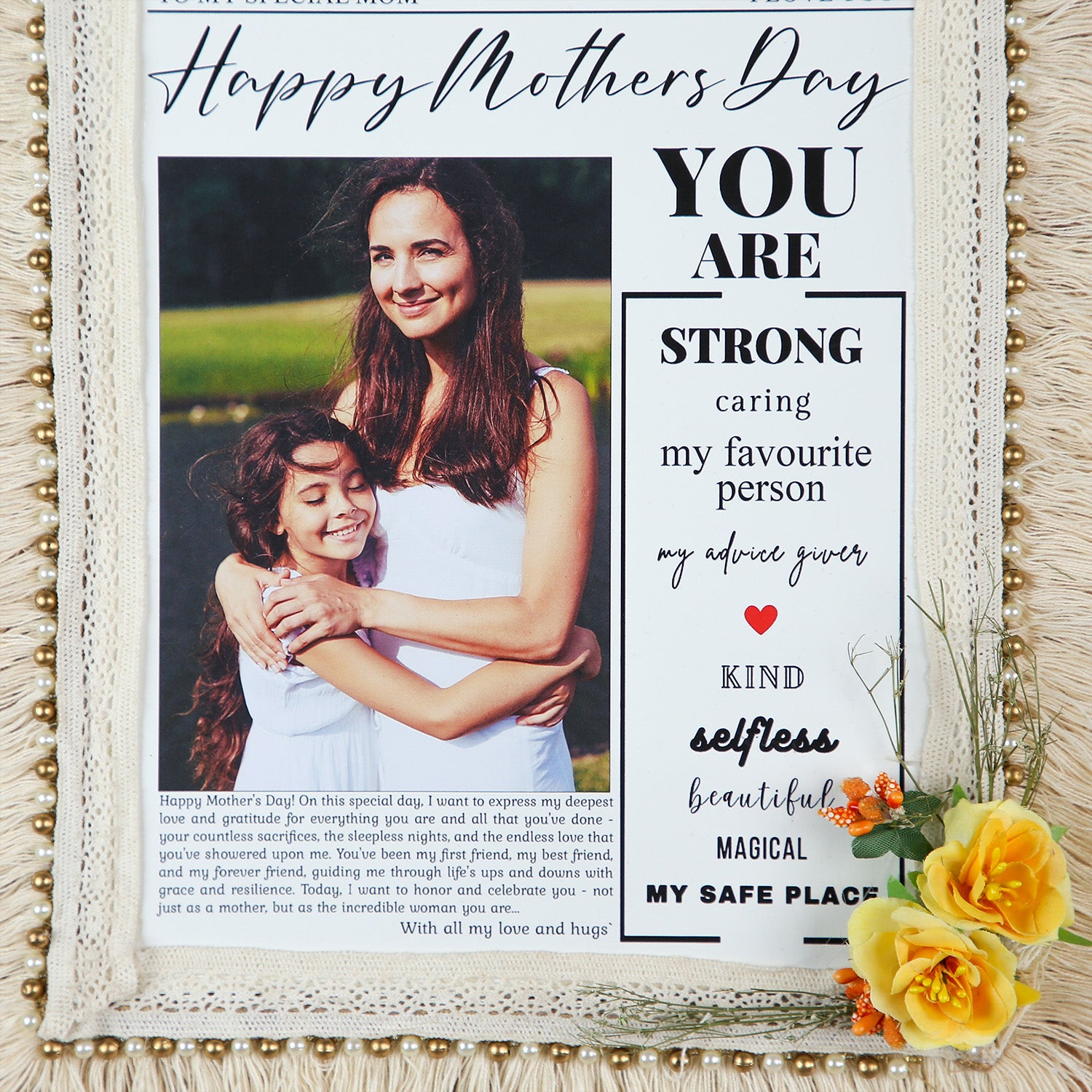 Personalized "Mother’s Day Post" Newspaper Frame – Rectangular Macramé Wall Art with Custom Photo and Heartfelt Message