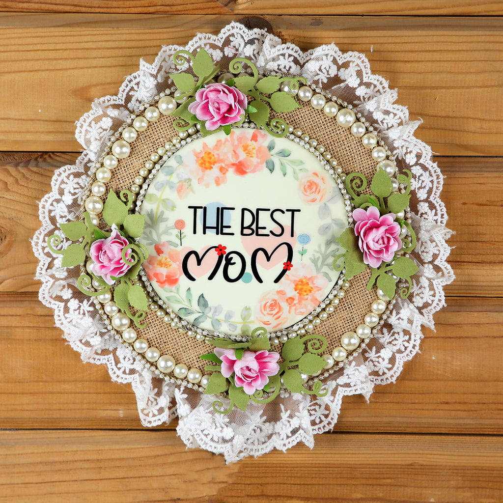 "The Best Mom" Floral Lace Frame – 8" Rustic Burlap Wall Art with Pearl Accents and Hand-Crafted Roses