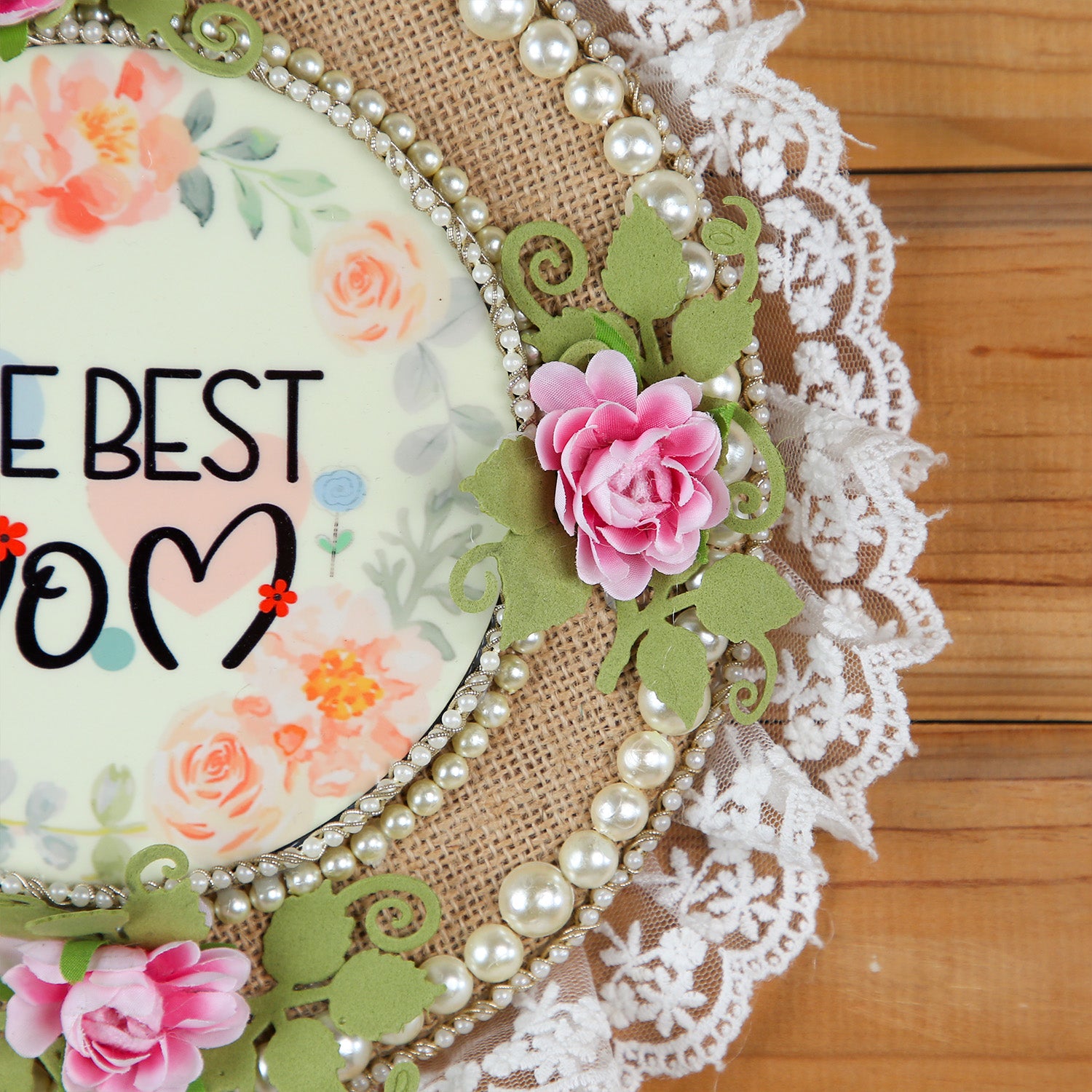"The Best Mom" Floral Lace Frame – 8" Rustic Burlap Wall Art with Pearl Accents and Hand-Crafted Roses