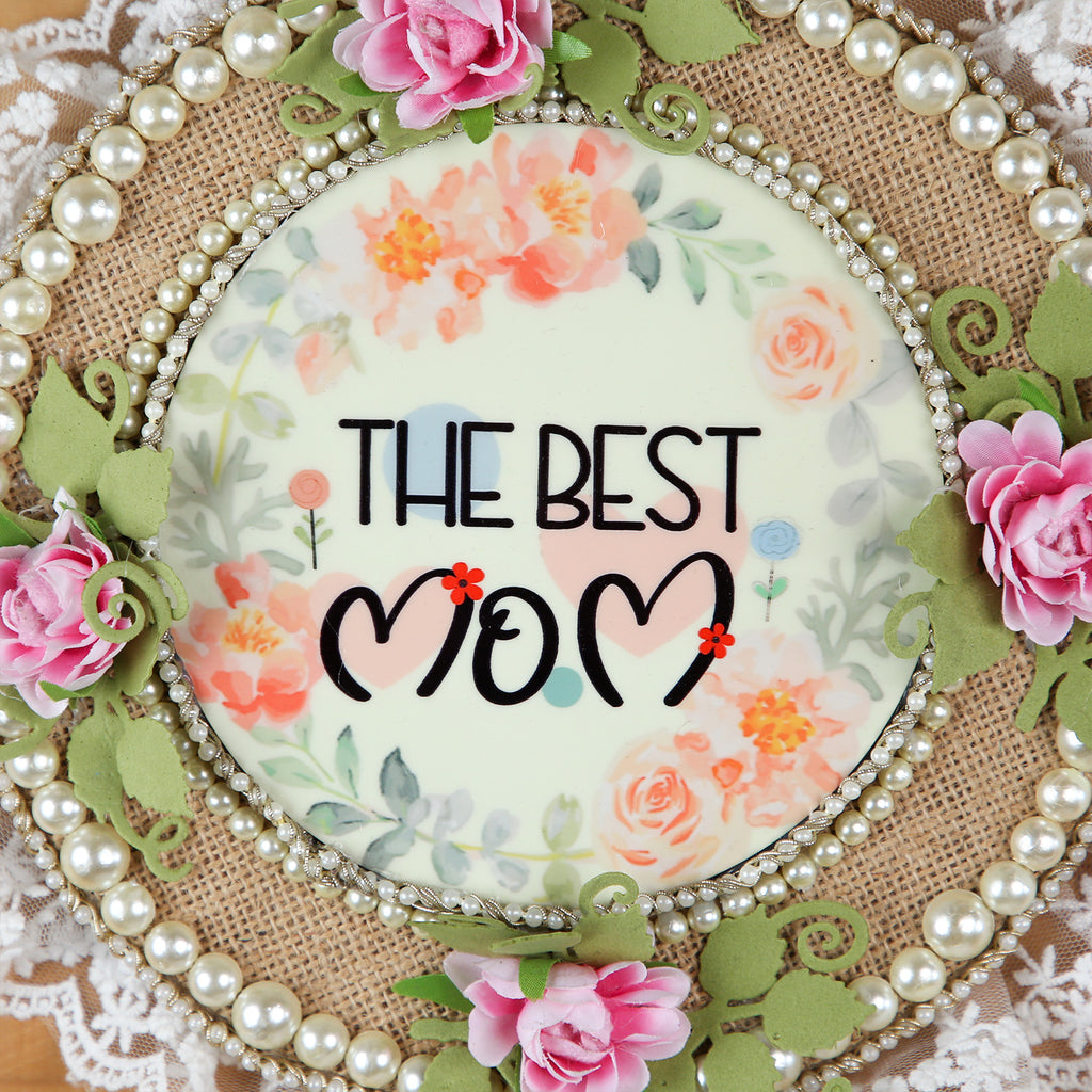 "The Best Mom" Floral Lace Frame – 8" Rustic Burlap Wall Art with Pearl Accents and Hand-Crafted Roses