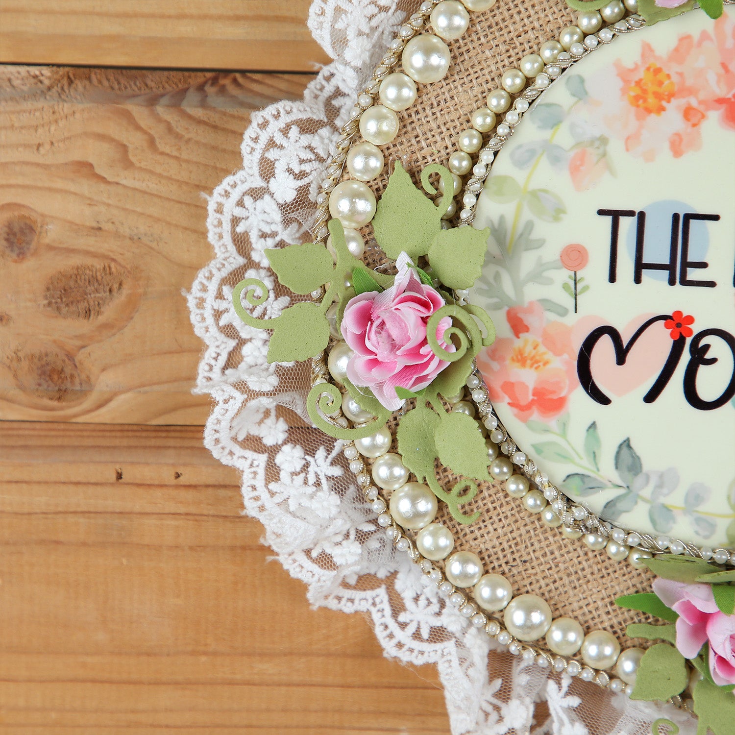 "The Best Mom" Floral Lace Frame – 8" Rustic Burlap Wall Art with Pearl Accents and Hand-Crafted Roses