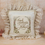 Exquisite Vintage Frilled Cushion Cover (16x16) – "God Could Not Be Everywhere So He Created Mothers" | Elegant Lace Border & Floral Embroidery