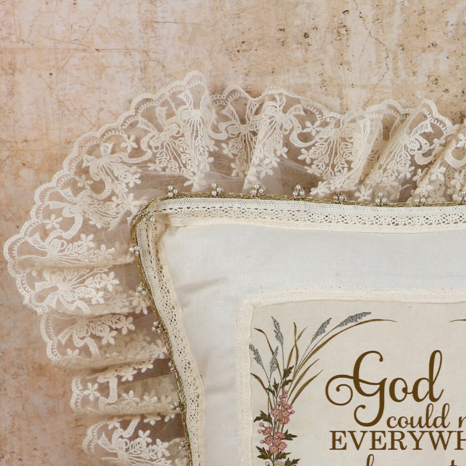 Exquisite Vintage Frilled Cushion Cover (16x16) – "God Could Not Be Everywhere So He Created Mothers" | Elegant Lace Border & Floral Embroidery