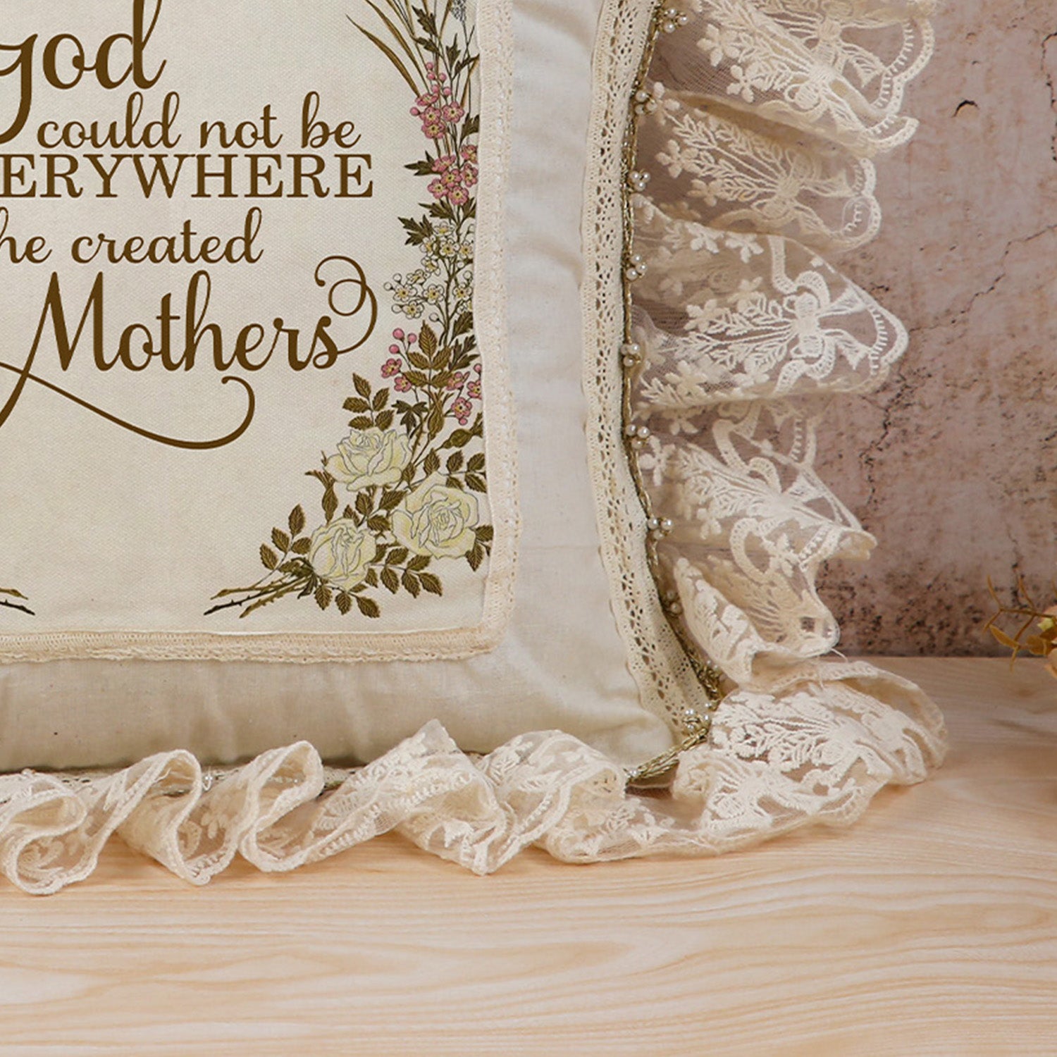 Exquisite Vintage Frilled Cushion Cover (16x16) – "God Could Not Be Everywhere So He Created Mothers" | Elegant Lace Border & Floral Embroidery
