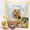 Radiant Sunflower Gift Hamper for Mom – Personalized 6x4 Table Top, 16" Ruffled Cushion, Crochet Sunflower & Soy Wax Candle in Handcrafted Kauna Box