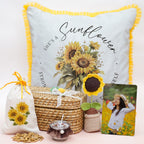 Radiant Sunflower Gift Hamper for Mom – Personalized 6x4 Table Top, 16" Ruffled Cushion, Crochet Sunflower & Soy Wax Candle in Handcrafted Kauna Box