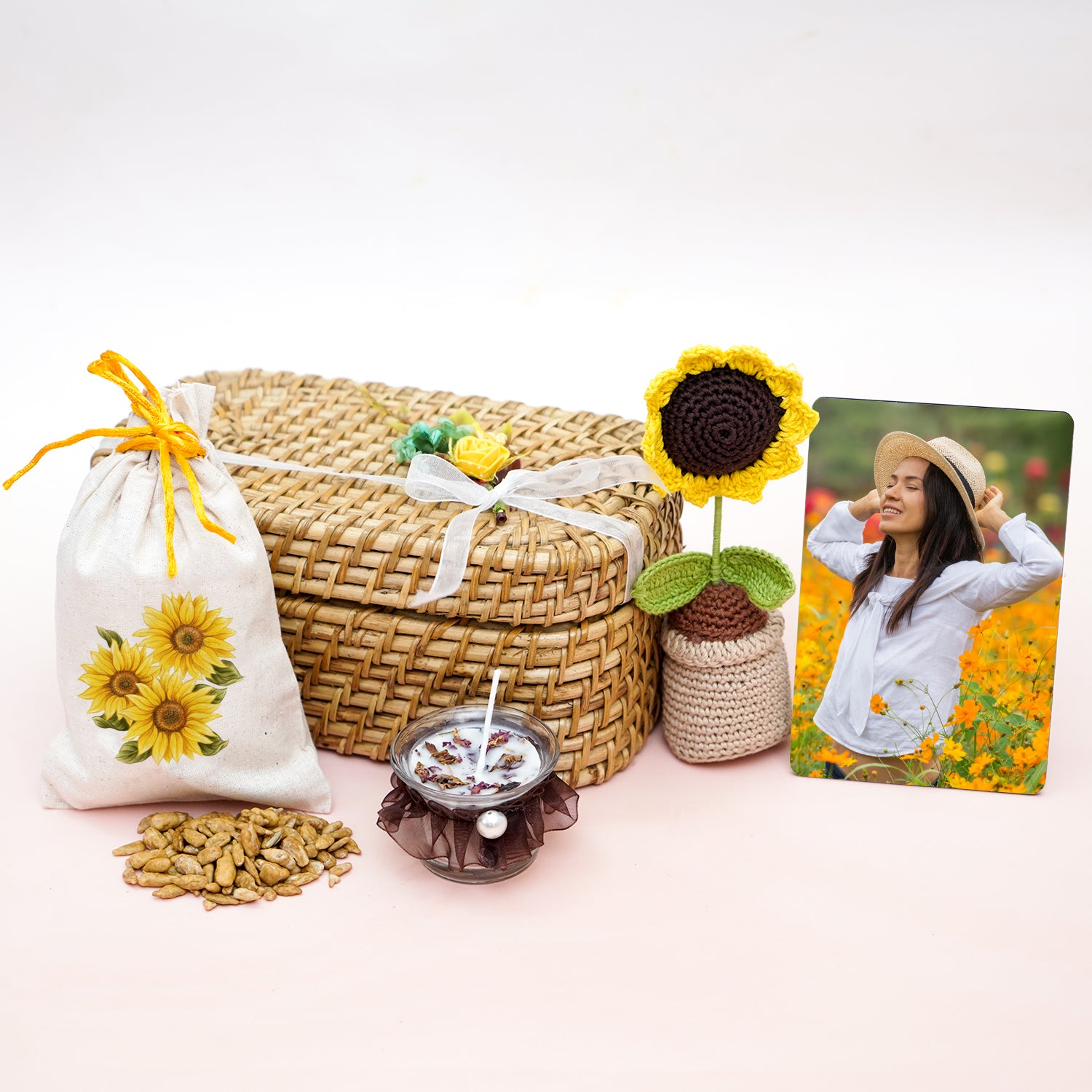 Radiant Sunflower Gift Hamper for Mom – Personalized 6x4 Table Top, 16" Ruffled Cushion, Crochet Sunflower & Soy Wax Candle in Handcrafted Kauna Box