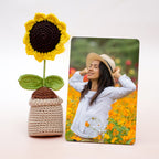 Radiant Sunflower Gift Hamper for Mom – Personalized 6x4 Table Top, 16" Ruffled Cushion, Crochet Sunflower & Soy Wax Candle in Handcrafted Kauna Box