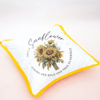 Radiant Sunflower Gift Hamper for Mom – Personalized 6x4 Table Top, 16" Ruffled Cushion, Crochet Sunflower & Soy Wax Candle in Handcrafted Kauna Box