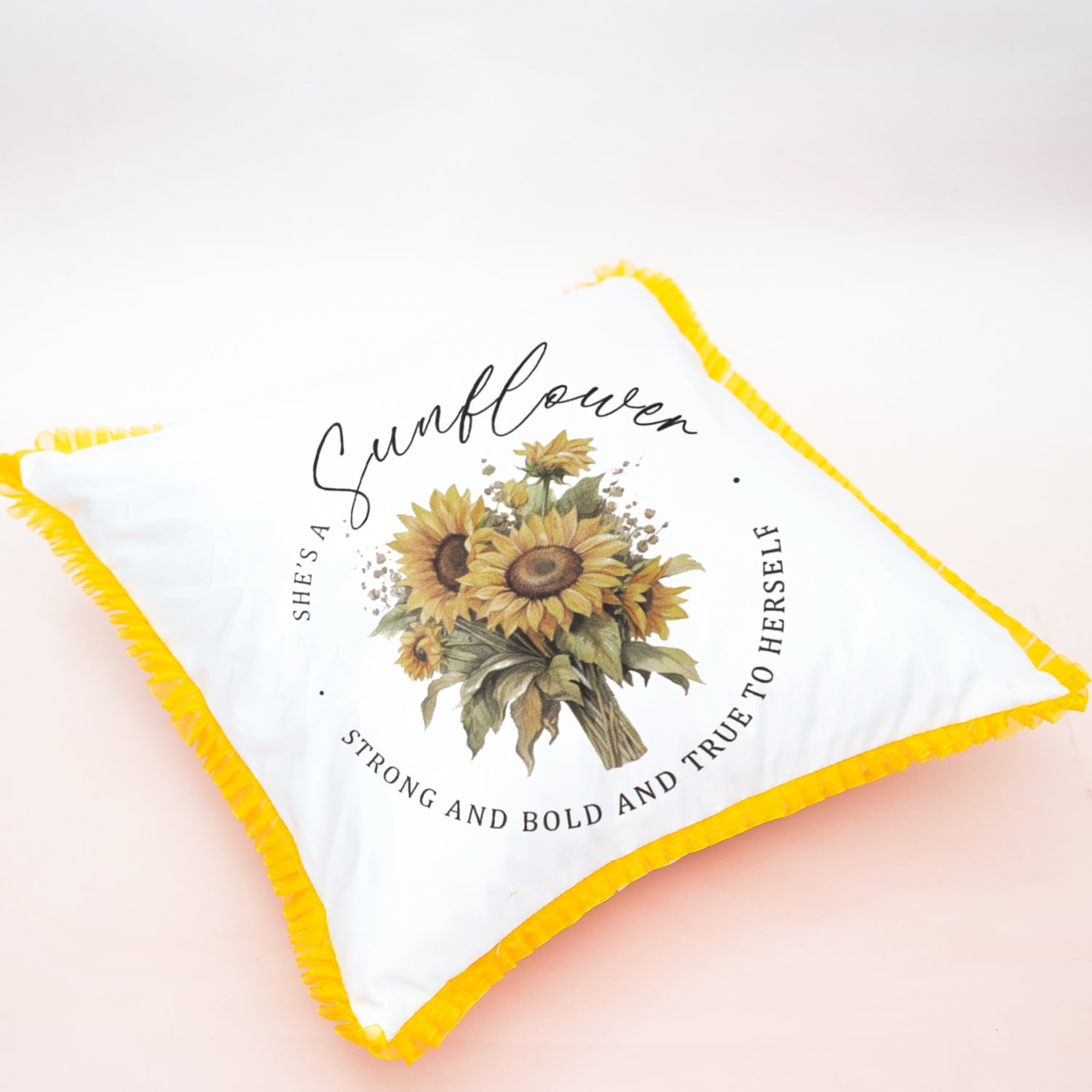 Radiant Sunflower Gift Hamper for Mom – Personalized 6x4 Table Top, 16" Ruffled Cushion, Crochet Sunflower & Soy Wax Candle in Handcrafted Kauna Box