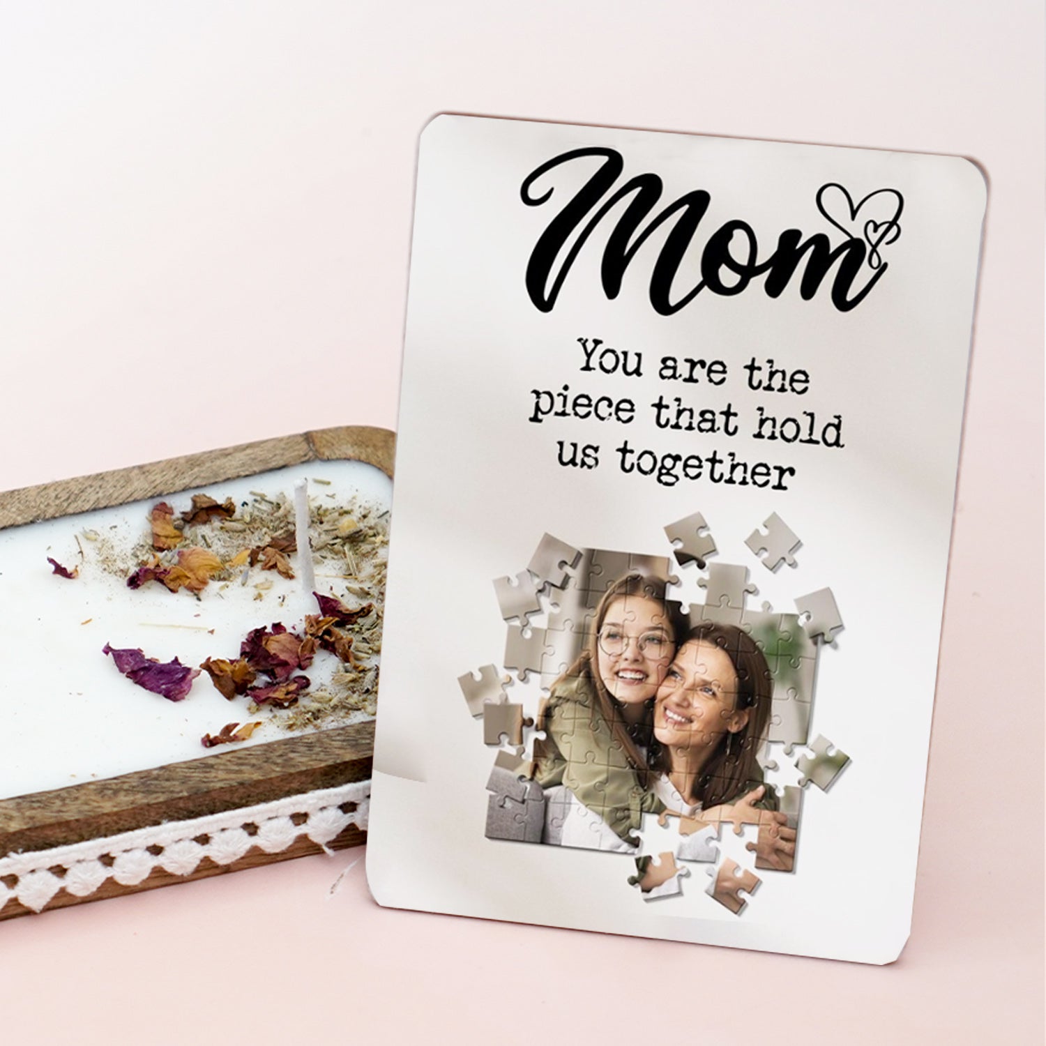 Handcrafted Rose Scented Wooden Soy Wax Candle Gift Set with Personalized Photo Stand – Timeless Tribute for Mom