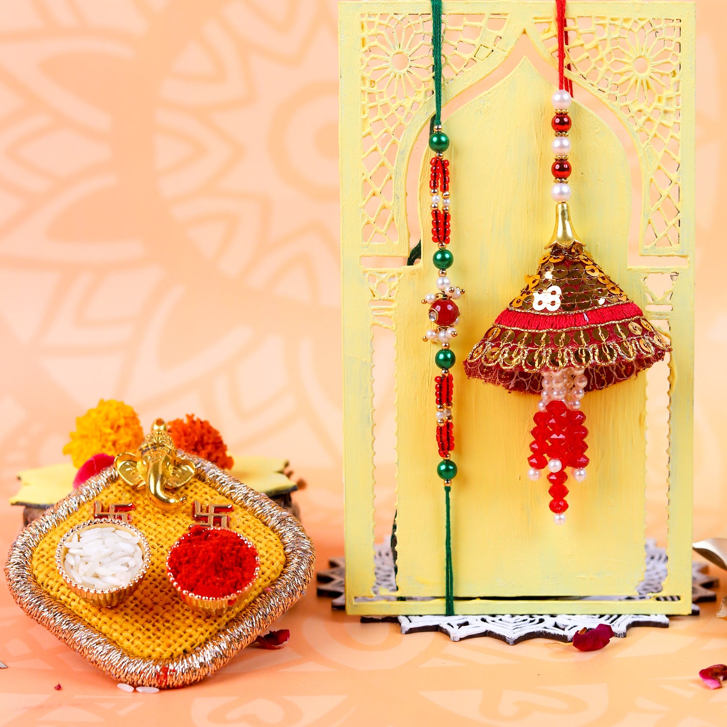 Handcrafted Bhai-Bhabhi Rakhi & Lumba Set with Ganesha Puja Thali