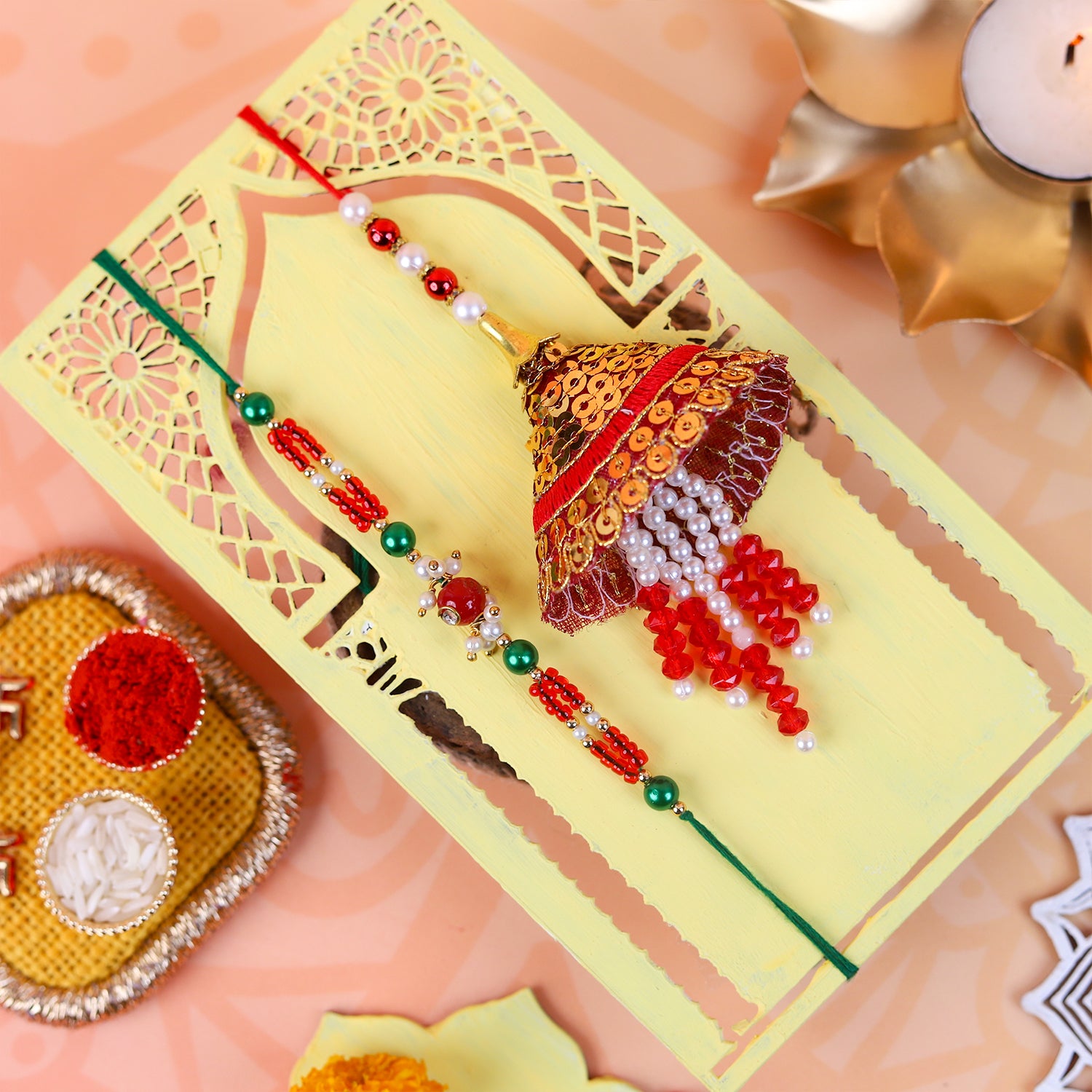 Handcrafted Bhai-Bhabhi Rakhi & Lumba Set with Ganesha Puja Thali