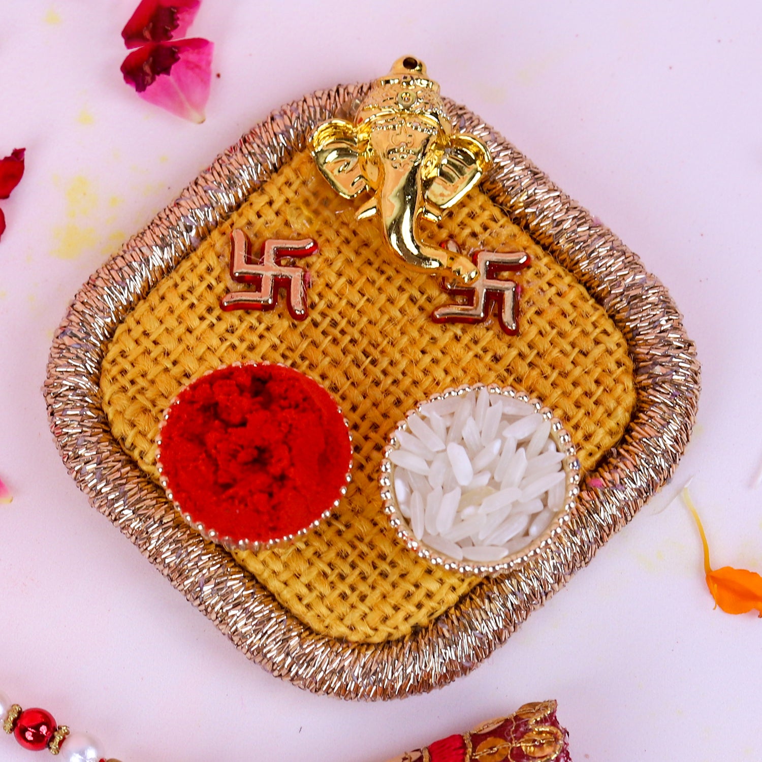 Handcrafted Bhai-Bhabhi Rakhi & Lumba Set with Ganesha Puja Thali