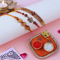 Rudraksha & Om Rakhi Set of 3 – Spiritual Collection with Puja Thali