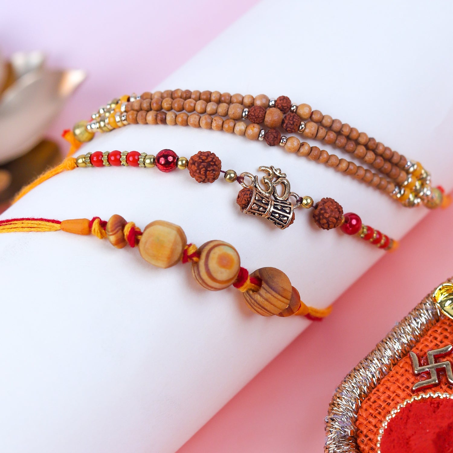 Rudraksha & Om Rakhi Set of 3 – Spiritual Collection with Puja Thali