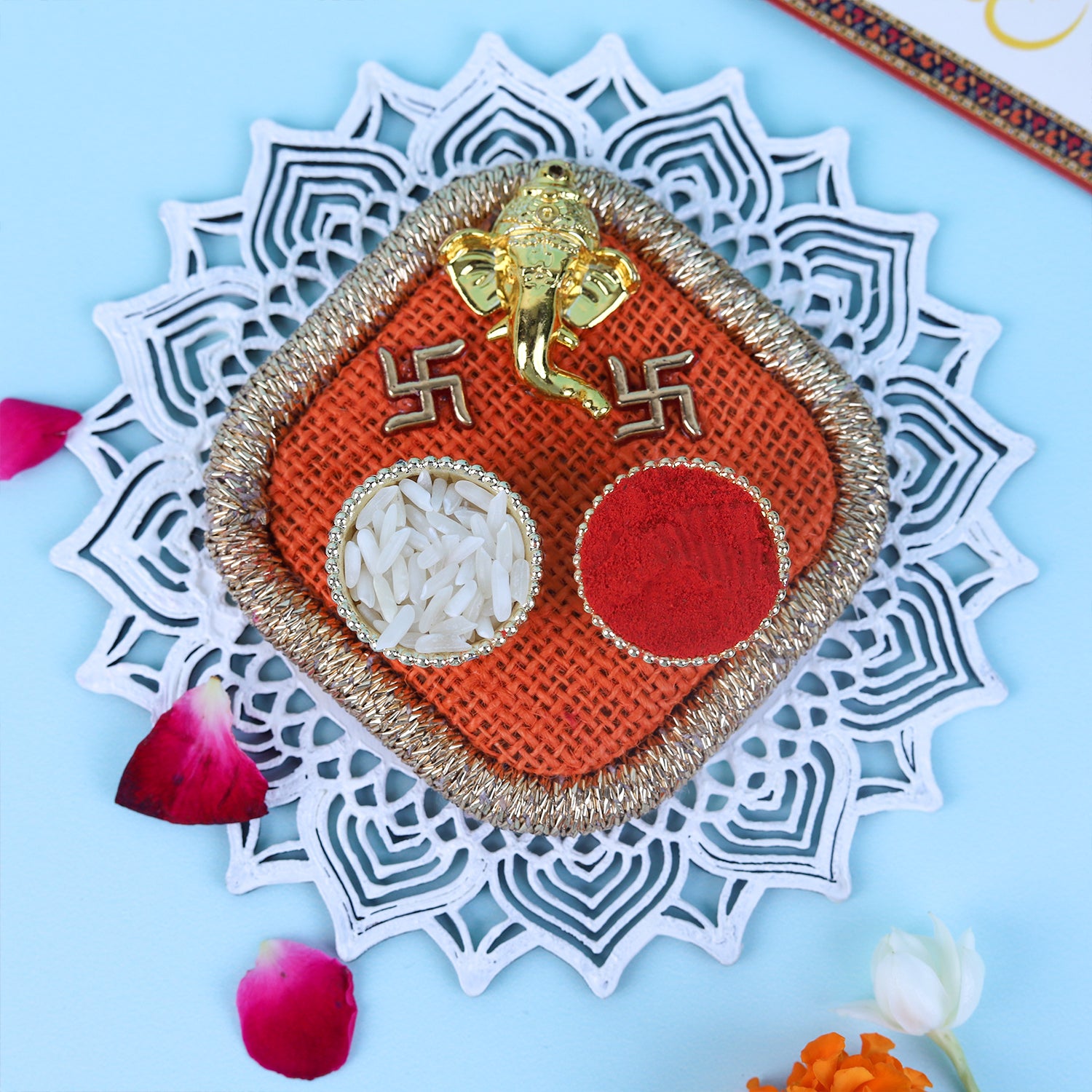 Rudraksha & Om Rakhi Set of 3 – Spiritual Collection with Puja Thali
