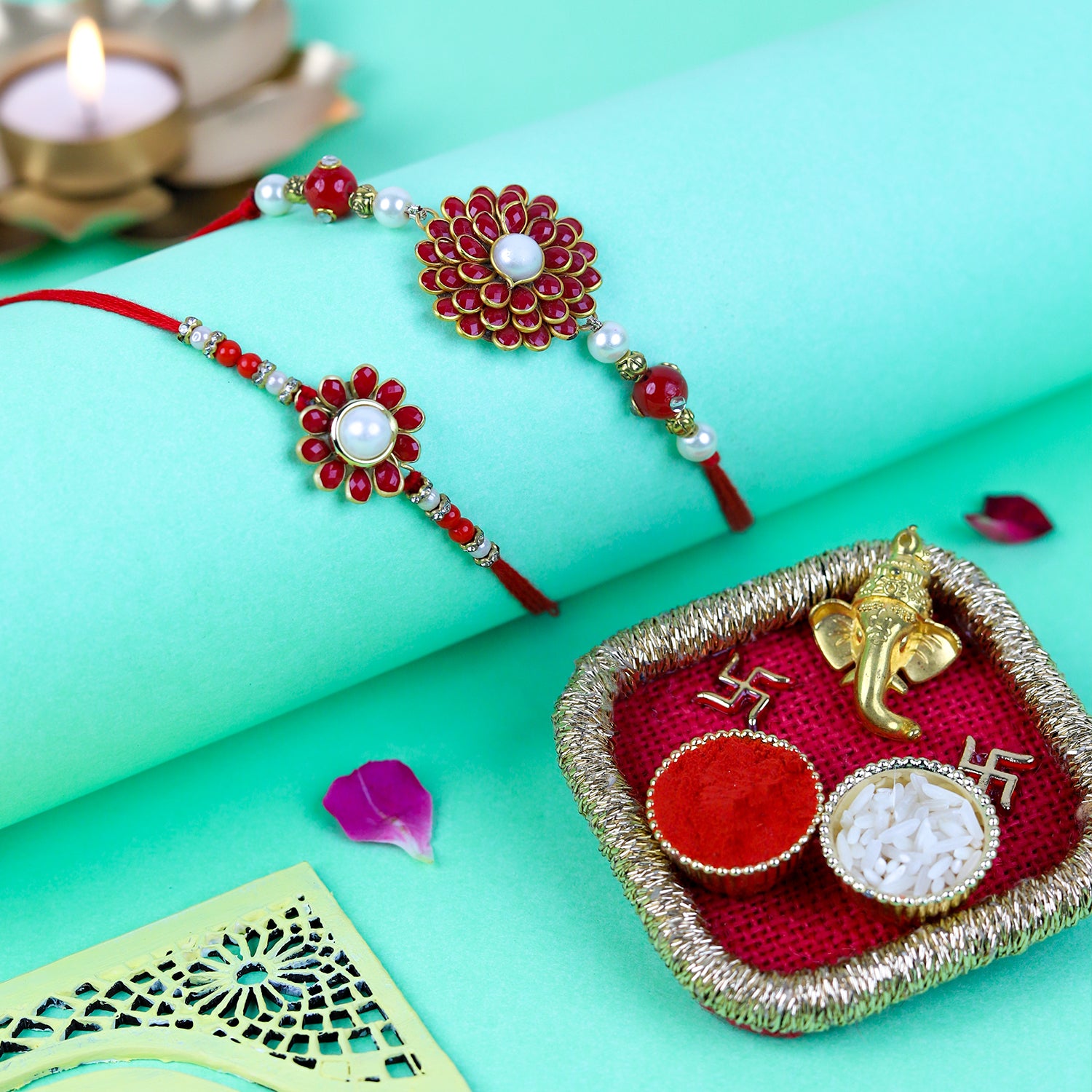 Set of 2 Elegant Floral Pearl Rakhi with Handcrafted Puja Thali