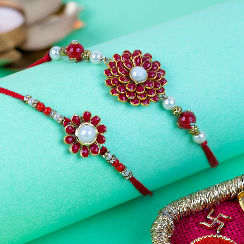 Set of 2 Elegant Floral Pearl Rakhi with Handcrafted Puja Thali