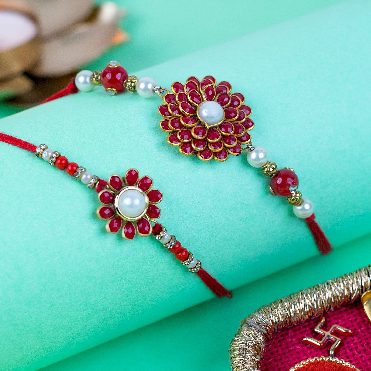 Set of 2 Elegant Floral Pearl Rakhi with Handcrafted Puja Thali