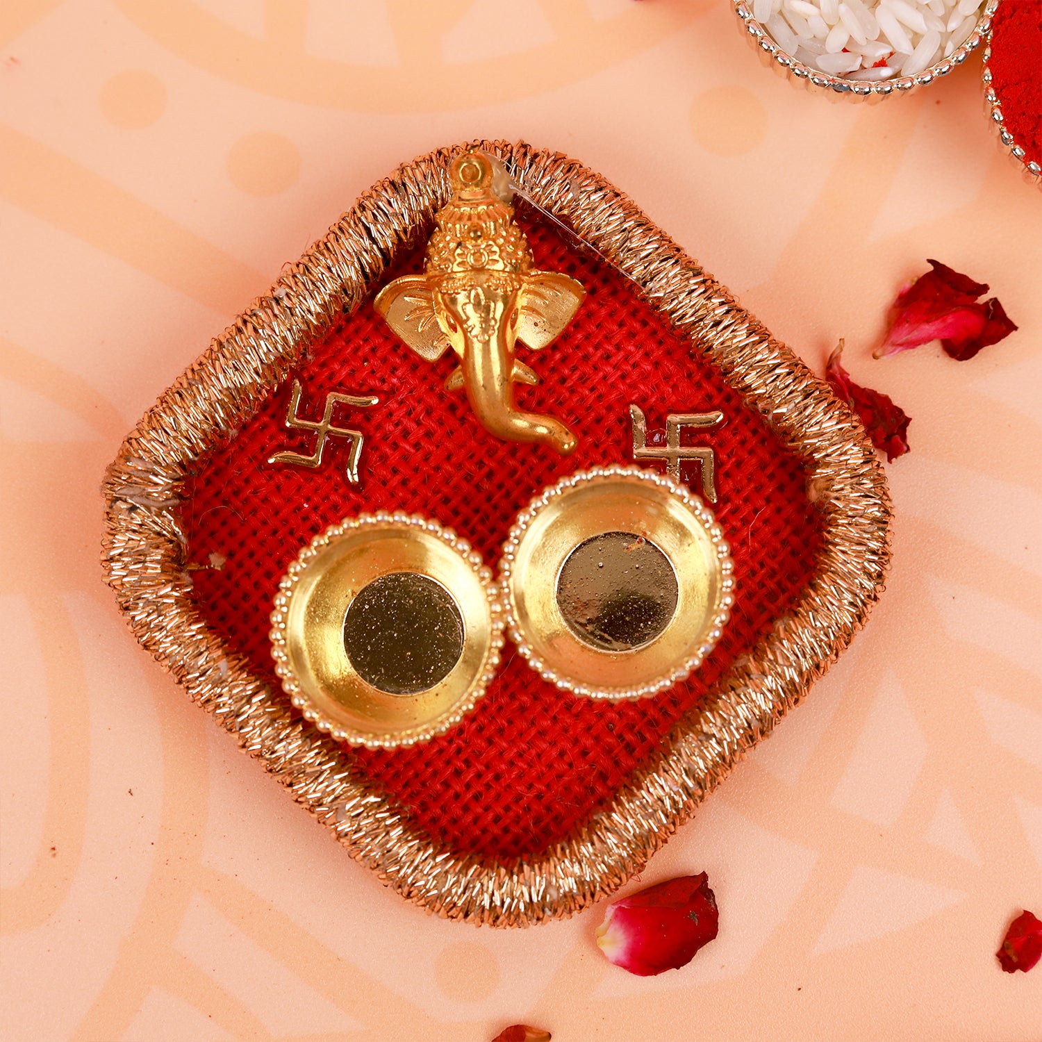 Set of 2 Elegant Floral Pearl Rakhi with Handcrafted Puja Thali