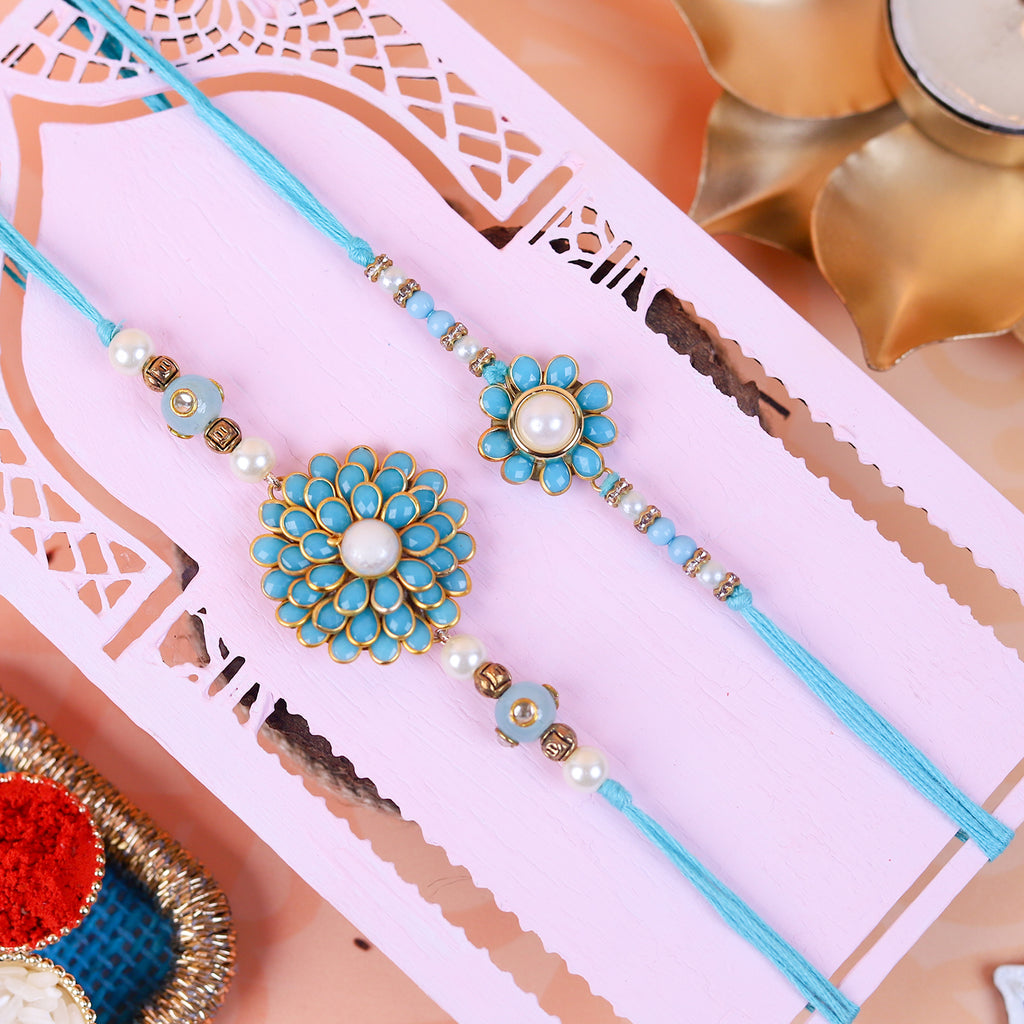 Exquisite Turquoise Floral Rakhi Set of 2 with Premium Puja Thali