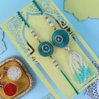 Artisanal Teal & Gold Bhaiya Bhabhi Rakhi Set with Ganesha Puja Thali