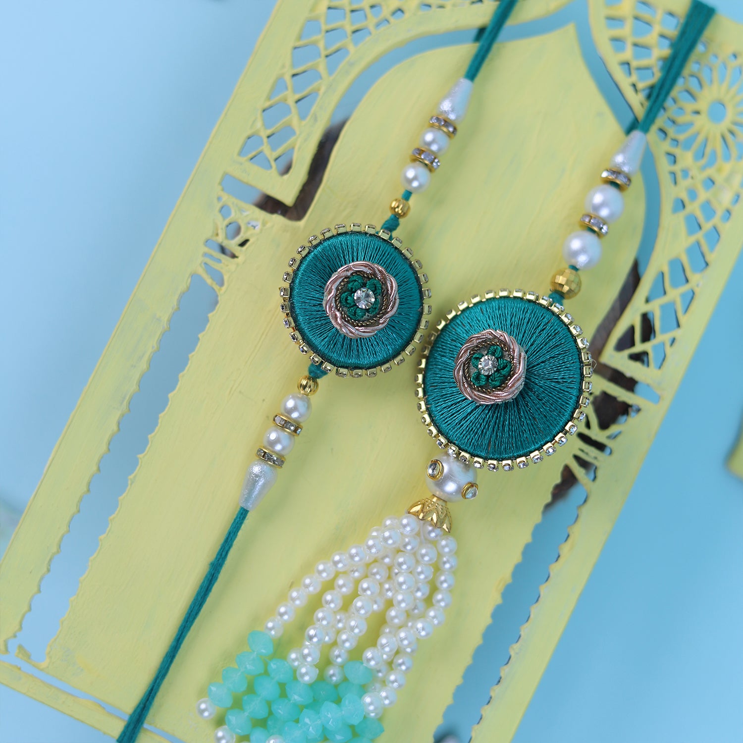 Artisanal Teal & Gold Bhaiya Bhabhi Rakhi Set with Ganesha Puja Thali
